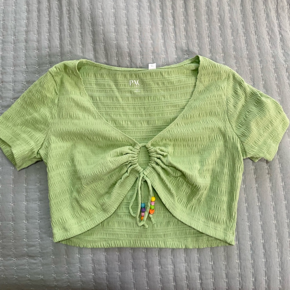 Pacsun tie front green crop top with colorful bead details